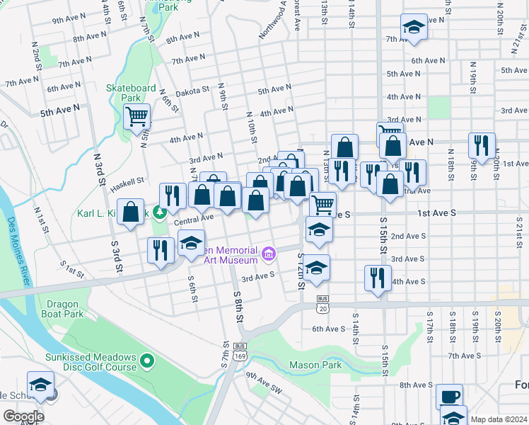 map of restaurants, bars, coffee shops, grocery stores, and more near 927 Central Avenue in Fort Dodge