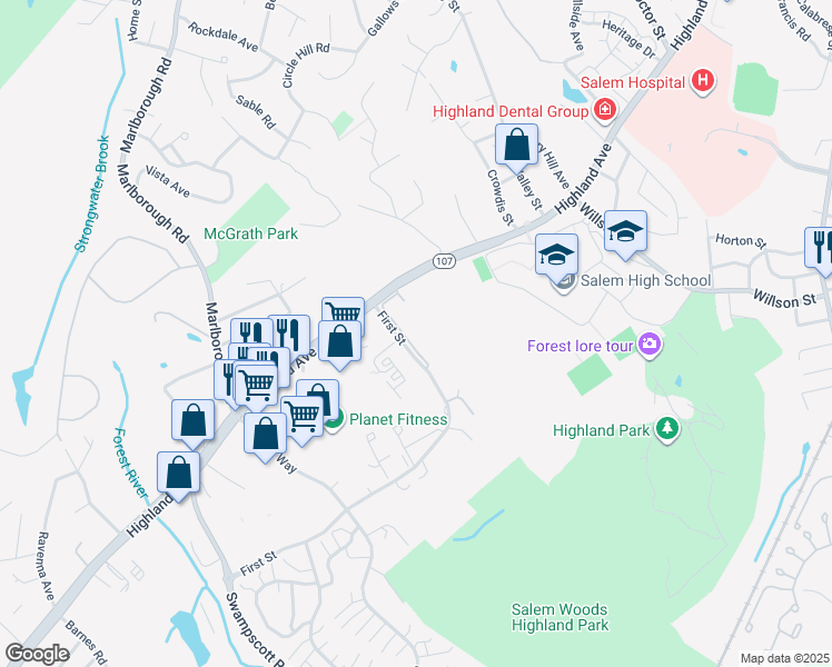 map of restaurants, bars, coffee shops, grocery stores, and more near 201-205 Highland Avenue in Salem