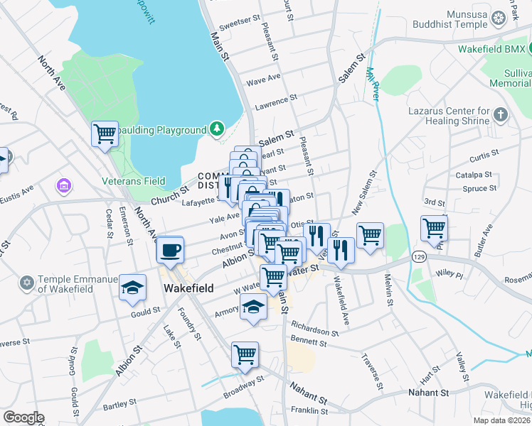 map of restaurants, bars, coffee shops, grocery stores, and more near 21 Crescent Street in Wakefield