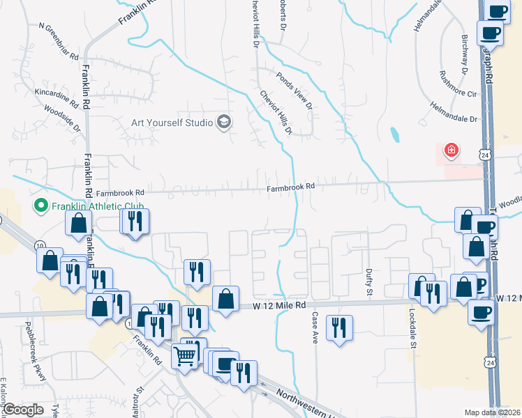 map of restaurants, bars, coffee shops, grocery stores, and more near 25575 Farmbrook Rd in Southfield