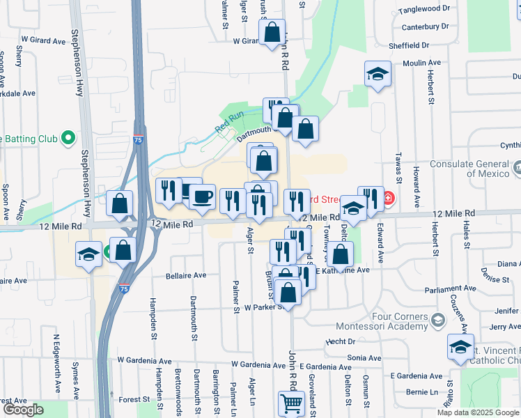 map of restaurants, bars, coffee shops, grocery stores, and more near 29101 John R Road in Madison Heights