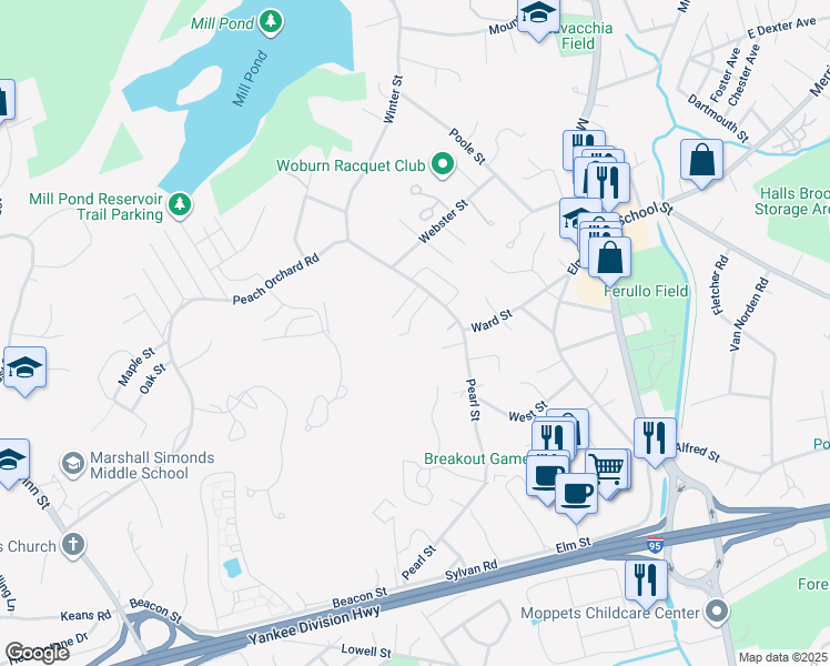 map of restaurants, bars, coffee shops, grocery stores, and more near 8 Bartlett Drive in Woburn