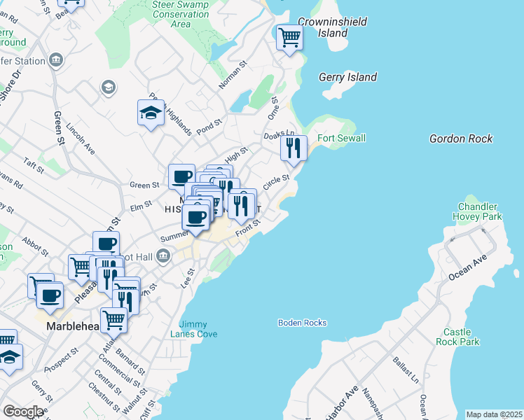 map of restaurants, bars, coffee shops, grocery stores, and more near 7 Merritt Street in Marblehead