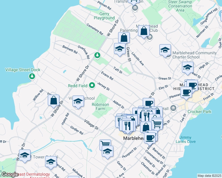 map of restaurants, bars, coffee shops, grocery stores, and more near 63 Jersey Street in Marblehead