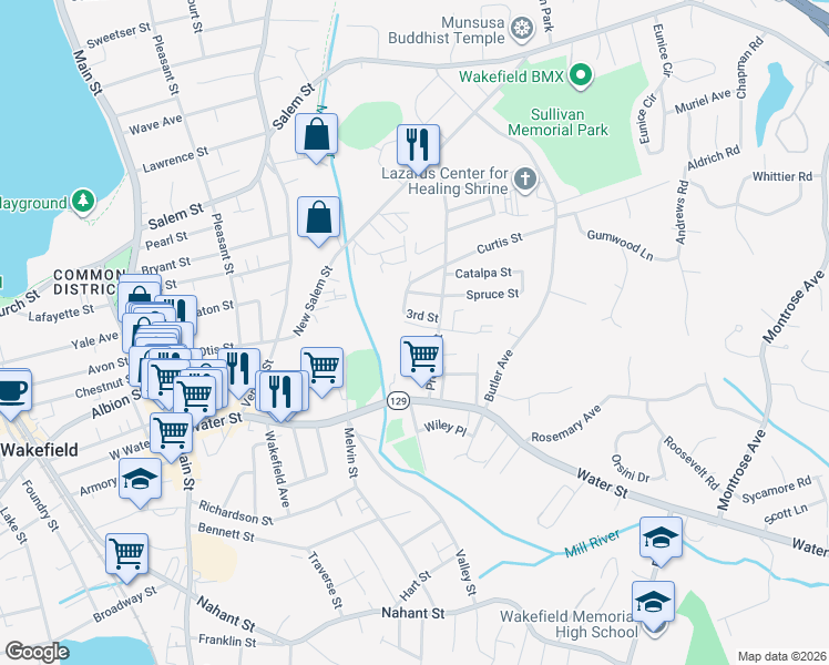 map of restaurants, bars, coffee shops, grocery stores, and more near 11 2nd Street in Wakefield