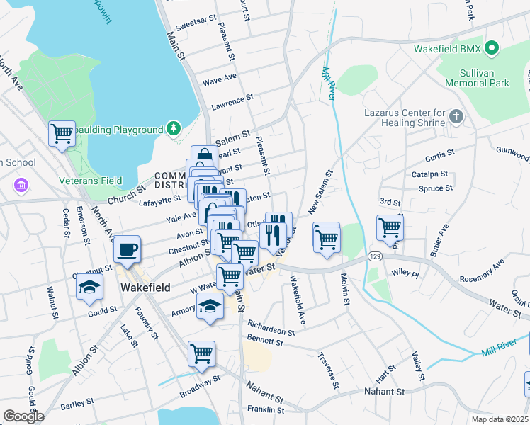 map of restaurants, bars, coffee shops, grocery stores, and more near 14 1/2 Eaton Court in Wakefield