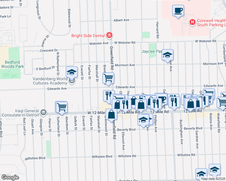 map of restaurants, bars, coffee shops, grocery stores, and more near 9255 Edwards Avenue in Southfield