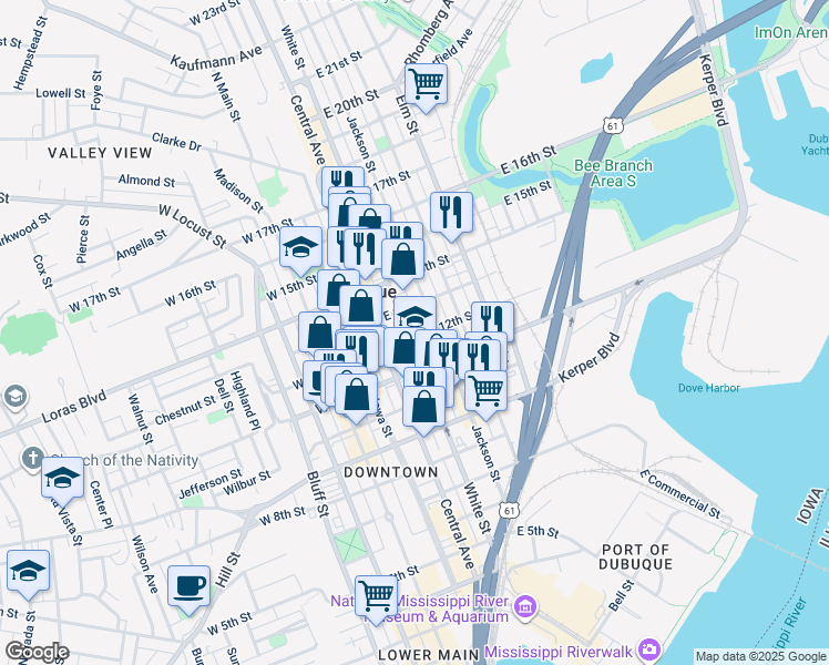 map of restaurants, bars, coffee shops, grocery stores, and more near 1252 Iowa 3 in Dubuque