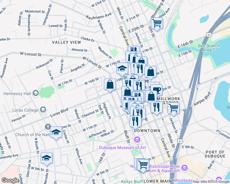 map of restaurants, bars, coffee shops, grocery stores, and more near 1394 Locust Street in Dubuque