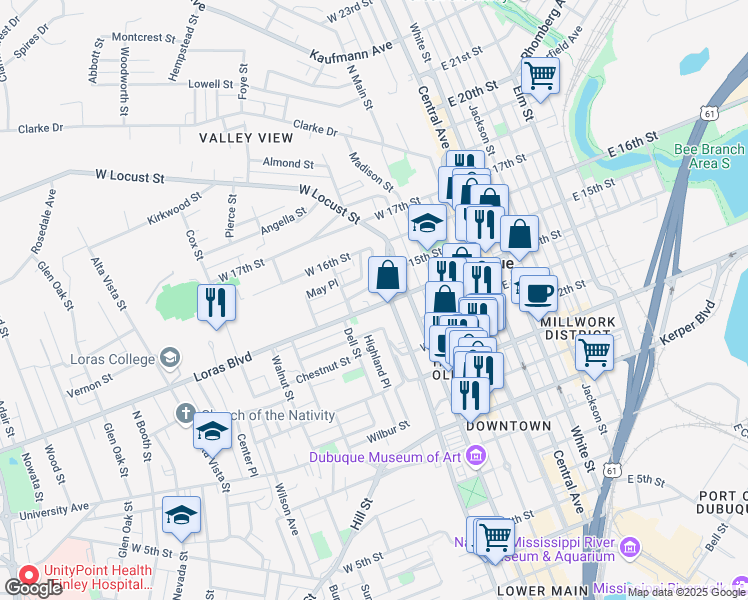 map of restaurants, bars, coffee shops, grocery stores, and more near 1439 Bluff Street in Dubuque