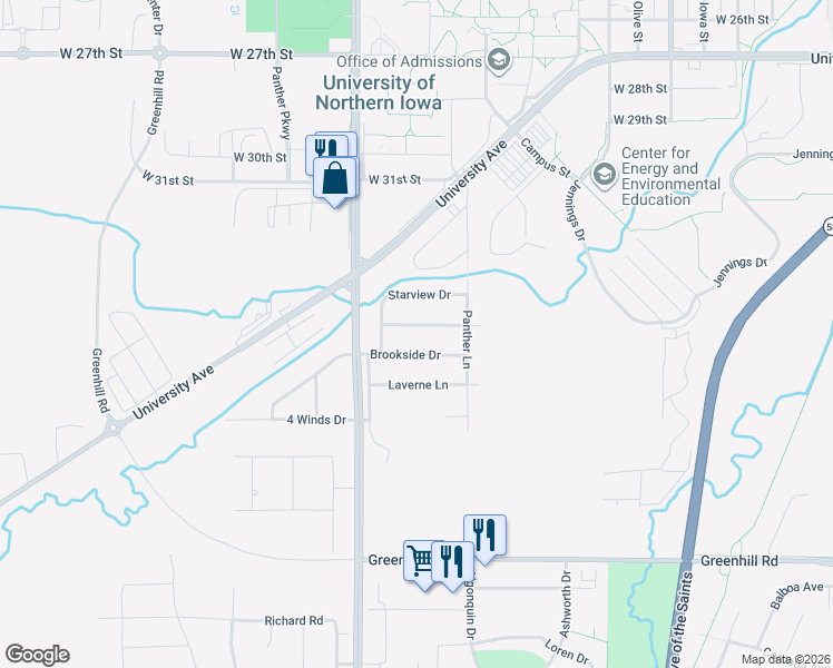 map of restaurants, bars, coffee shops, grocery stores, and more near 1502 Springbrook Drive in Cedar Falls