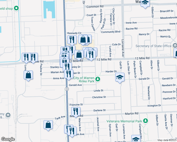map of restaurants, bars, coffee shops, grocery stores, and more near 8318 Stanley Drive in Warren