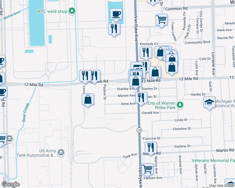 map of restaurants, bars, coffee shops, grocery stores, and more near 7275 Marian Avenue in Warren