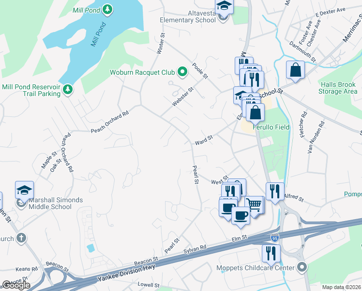 map of restaurants, bars, coffee shops, grocery stores, and more near 4A Bartlett Drive in Woburn