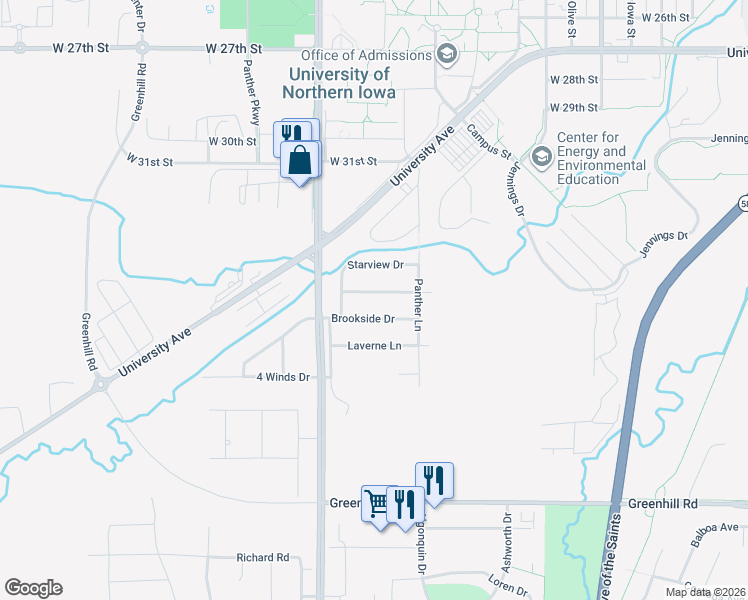 map of restaurants, bars, coffee shops, grocery stores, and more near 1502 Springbrook Drive in Cedar Falls