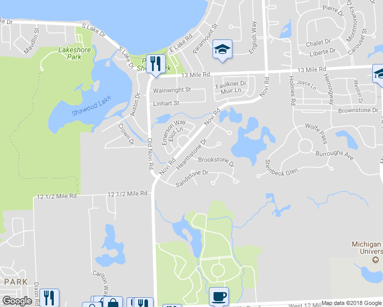 map of restaurants, bars, coffee shops, grocery stores, and more near 28804 Hearthstone Drive in Novi