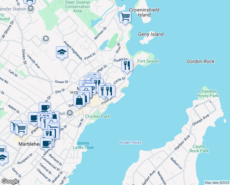 map of restaurants, bars, coffee shops, grocery stores, and more near 104 Front Street in Marblehead