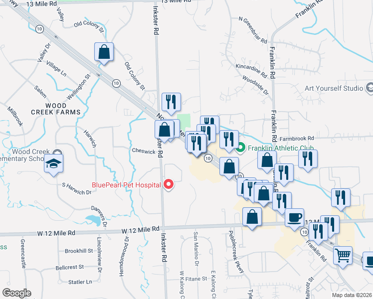 map of restaurants, bars, coffee shops, grocery stores, and more near 29588 Northwestern Highway in Farmington
