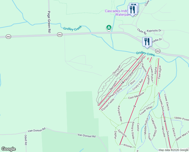 map of restaurants, bars, coffee shops, grocery stores, and more near 1565 South Hill Road in Cortland