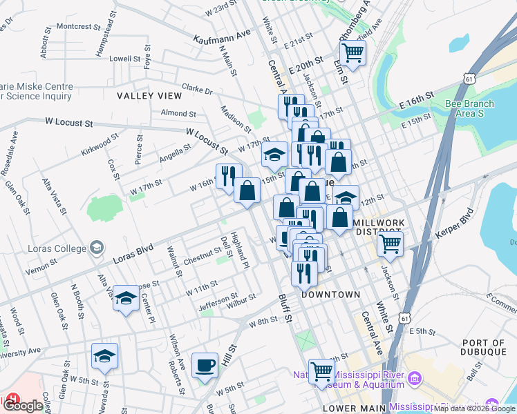 map of restaurants, bars, coffee shops, grocery stores, and more near 1394 Locust Street in Dubuque