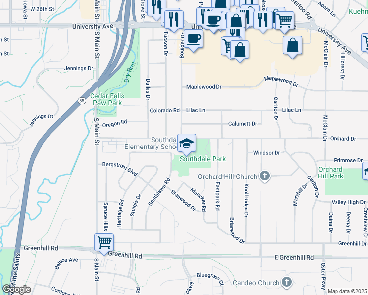 map of restaurants, bars, coffee shops, grocery stores, and more near 627 Orchard Drive in Cedar Falls