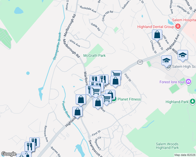 map of restaurants, bars, coffee shops, grocery stores, and more near 13 Greenlawn Avenue in Salem