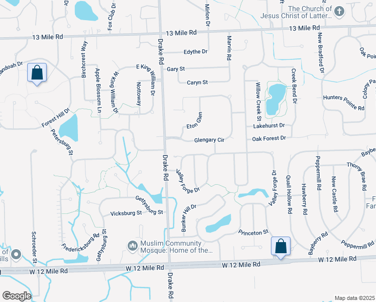 map of restaurants, bars, coffee shops, grocery stores, and more near 35351 Glengary Circle in Farmington Hills