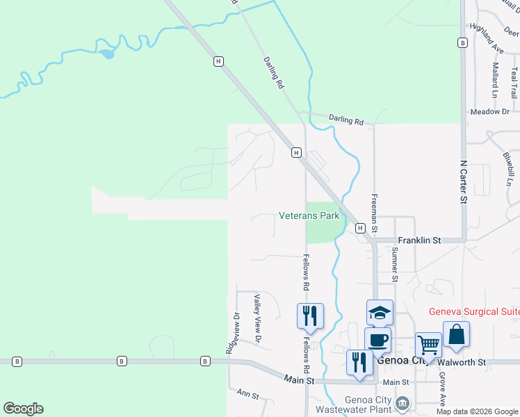 map of restaurants, bars, coffee shops, grocery stores, and more near 641 Fellows Road in Genoa City