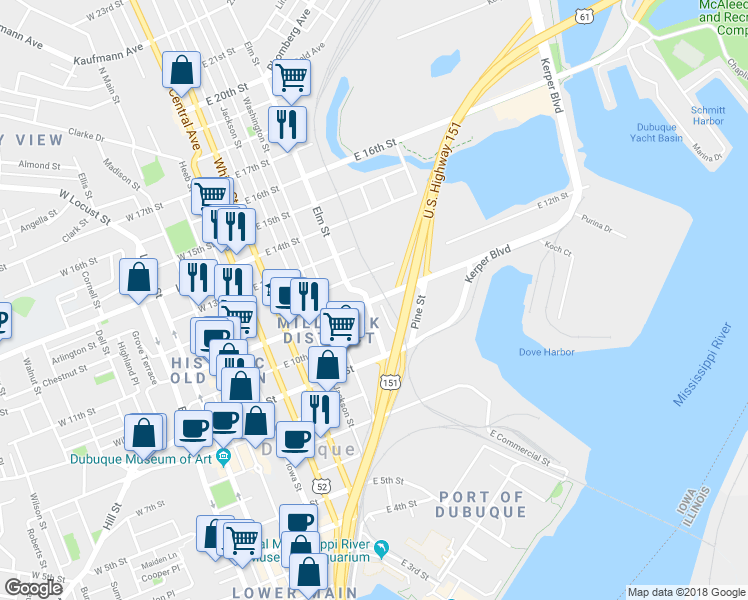 map of restaurants, bars, coffee shops, grocery stores, and more near East 11th Street in Dubuque