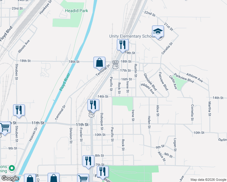 map of restaurants, bars, coffee shops, grocery stores, and more near 2601-2699 15th Street in Sioux City
