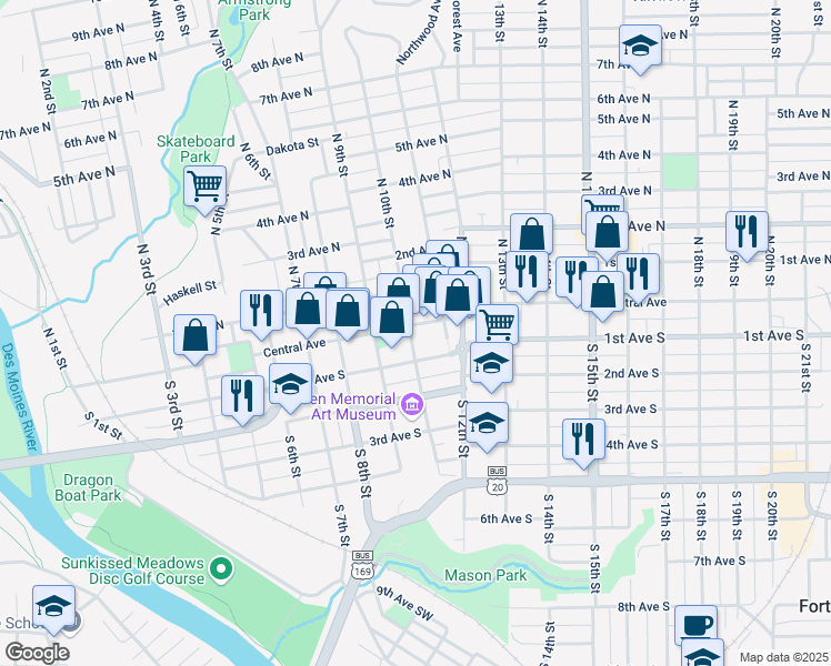 map of restaurants, bars, coffee shops, grocery stores, and more near 928 Central Avenue in Fort Dodge