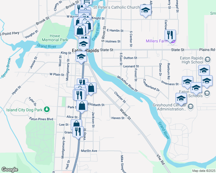 map of restaurants, bars, coffee shops, grocery stores, and more near 411 Lewis Street in Eaton Rapids