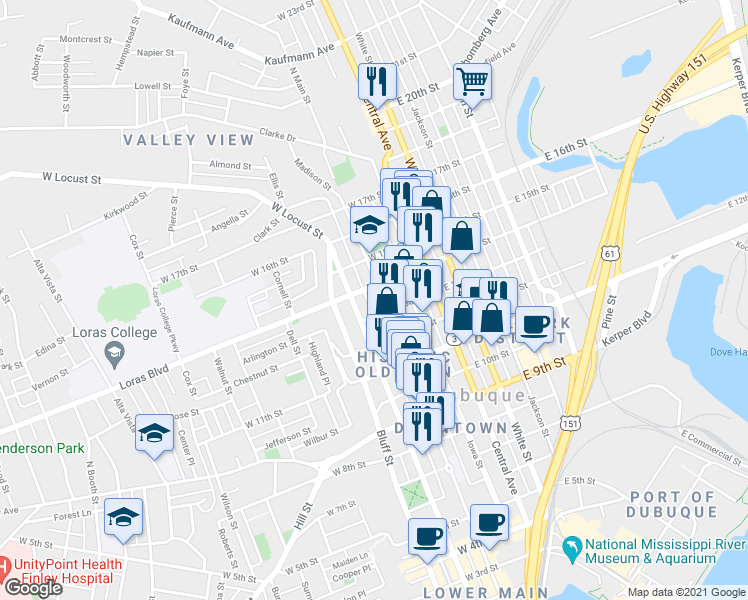 map of restaurants, bars, coffee shops, grocery stores, and more near 1357 Main Street in Dubuque