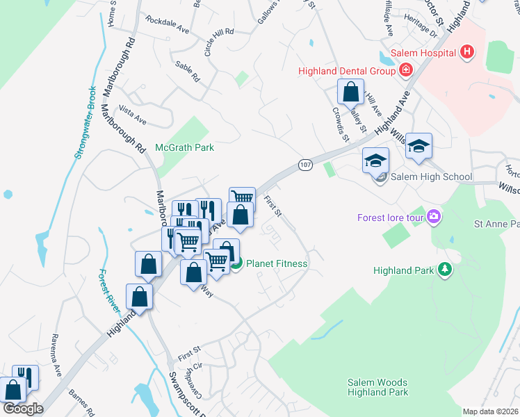 map of restaurants, bars, coffee shops, grocery stores, and more near 207 Highland Avenue in Salem