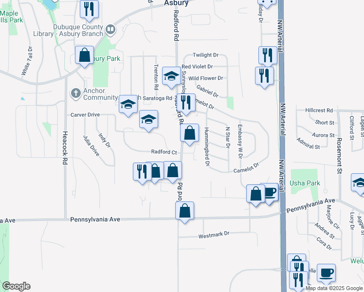 map of restaurants, bars, coffee shops, grocery stores, and more near 1955 Radford Road in Dubuque