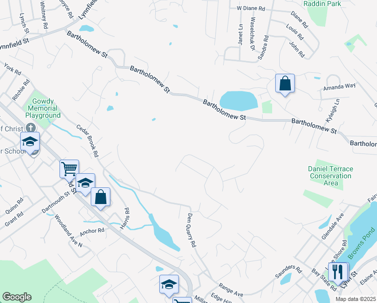map of restaurants, bars, coffee shops, grocery stores, and more near 25 Tsitsinos Drive in Peabody