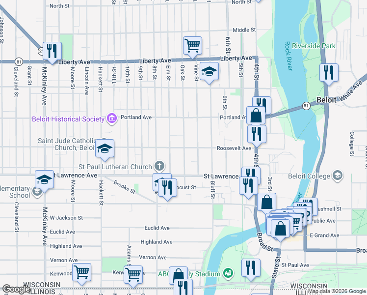 map of restaurants, bars, coffee shops, grocery stores, and more near 505 Roosevelt Avenue in Beloit