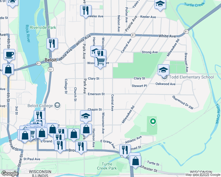 map of restaurants, bars, coffee shops, grocery stores, and more near 816 Central Avenue in Beloit