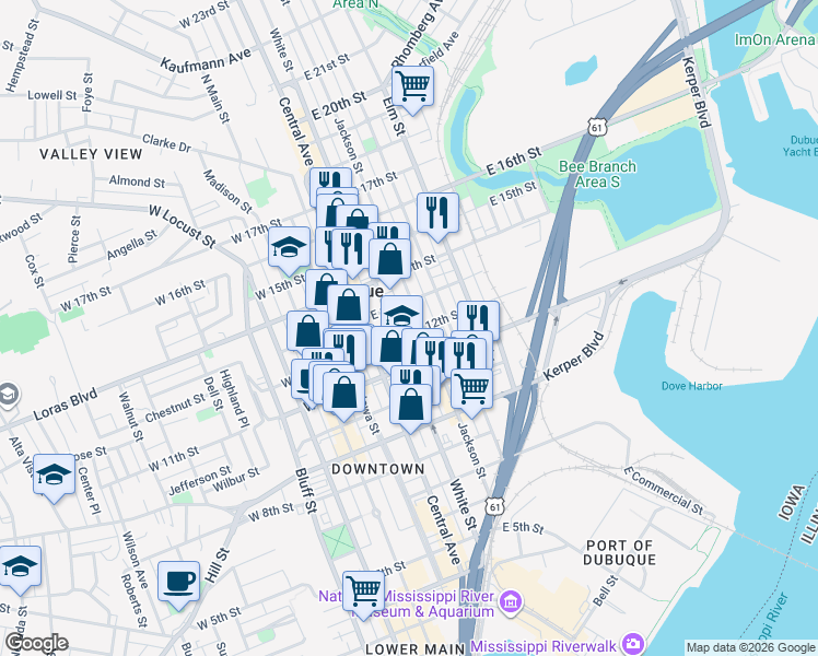 map of restaurants, bars, coffee shops, grocery stores, and more near 1252 Iowa 3 in Dubuque