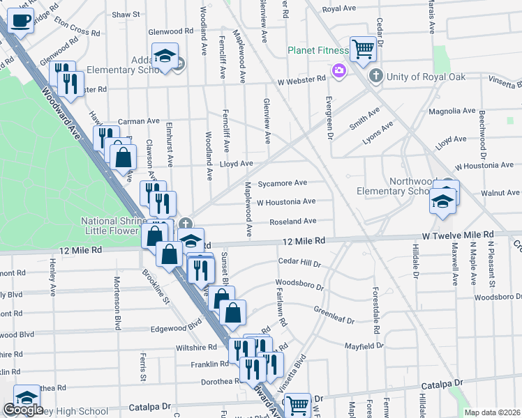 map of restaurants, bars, coffee shops, grocery stores, and more near 1819 West Houstonia Avenue in Royal Oak