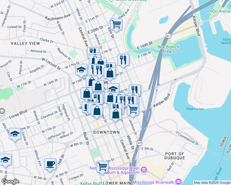 map of restaurants, bars, coffee shops, grocery stores, and more near 1252 Iowa 3 in Dubuque