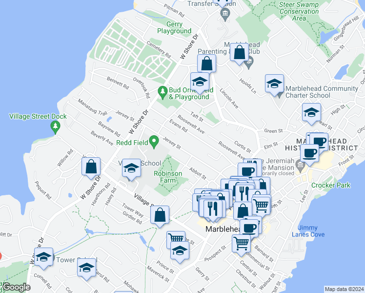 map of restaurants, bars, coffee shops, grocery stores, and more near 61 Jersey Street in Marblehead