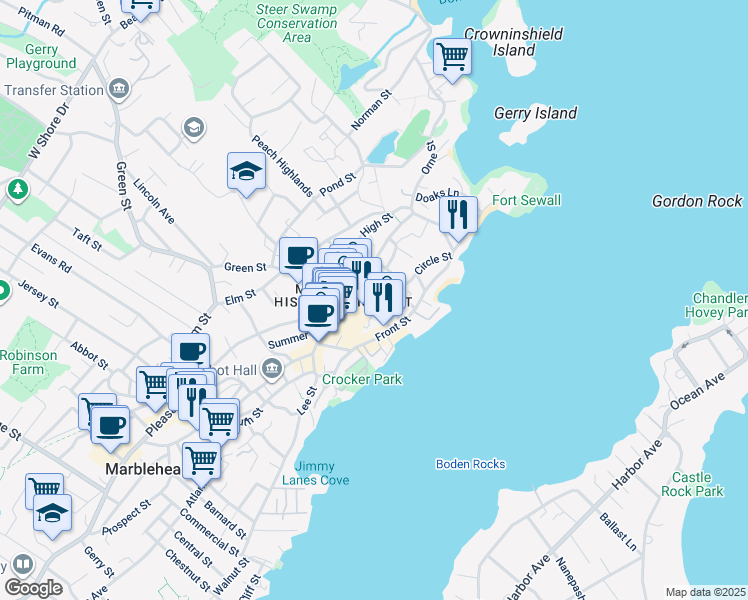 map of restaurants, bars, coffee shops, grocery stores, and more near 13 Glover Square in Marblehead