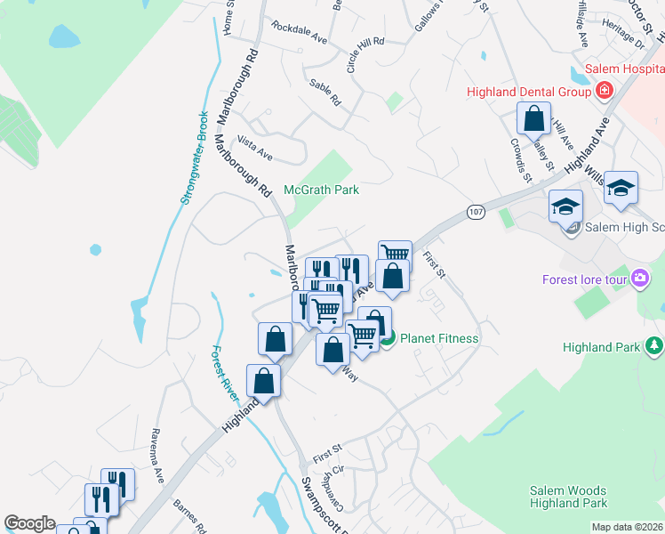 map of restaurants, bars, coffee shops, grocery stores, and more near 13 Greenlawn Avenue in Salem