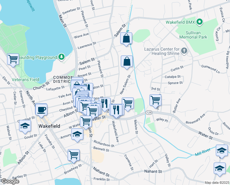 map of restaurants, bars, coffee shops, grocery stores, and more near 255 Vernon Street in Wakefield