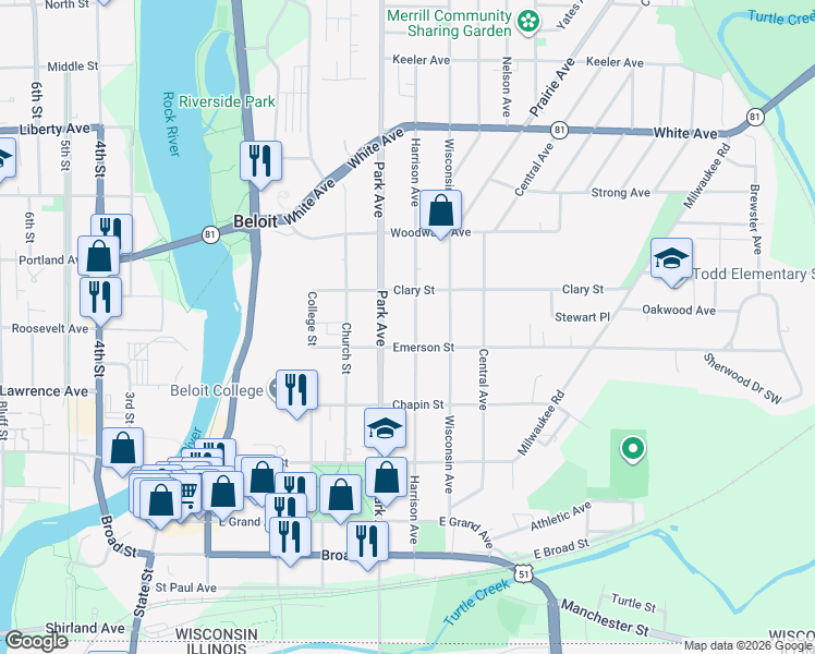 map of restaurants, bars, coffee shops, grocery stores, and more near 825 Park Avenue in Beloit
