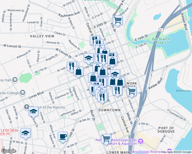 map of restaurants, bars, coffee shops, grocery stores, and more near 1348 Main Street in Dubuque