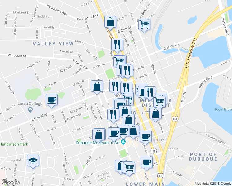 map of restaurants, bars, coffee shops, grocery stores, and more near 1348 Main Street in Dubuque