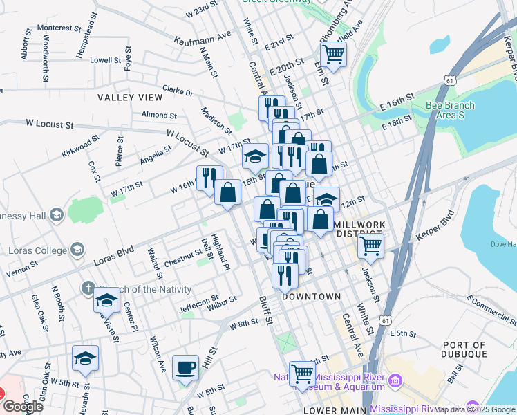 map of restaurants, bars, coffee shops, grocery stores, and more near 1394 Locust Street in Dubuque