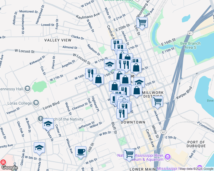map of restaurants, bars, coffee shops, grocery stores, and more near 1394 Locust Street in Dubuque